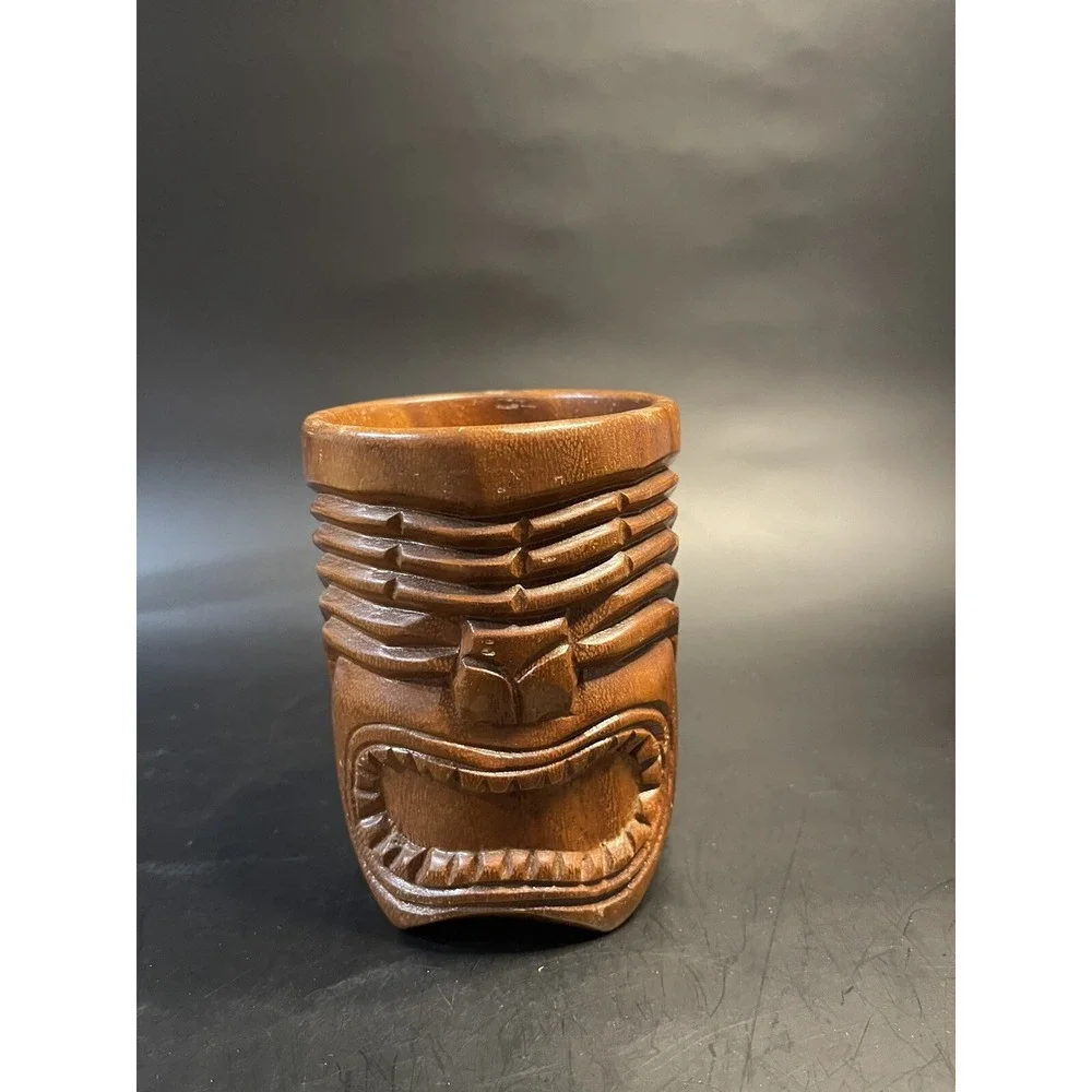 Vintage TIKI Mug Hand Carved Wood- From The Phillipines - Handled Cup